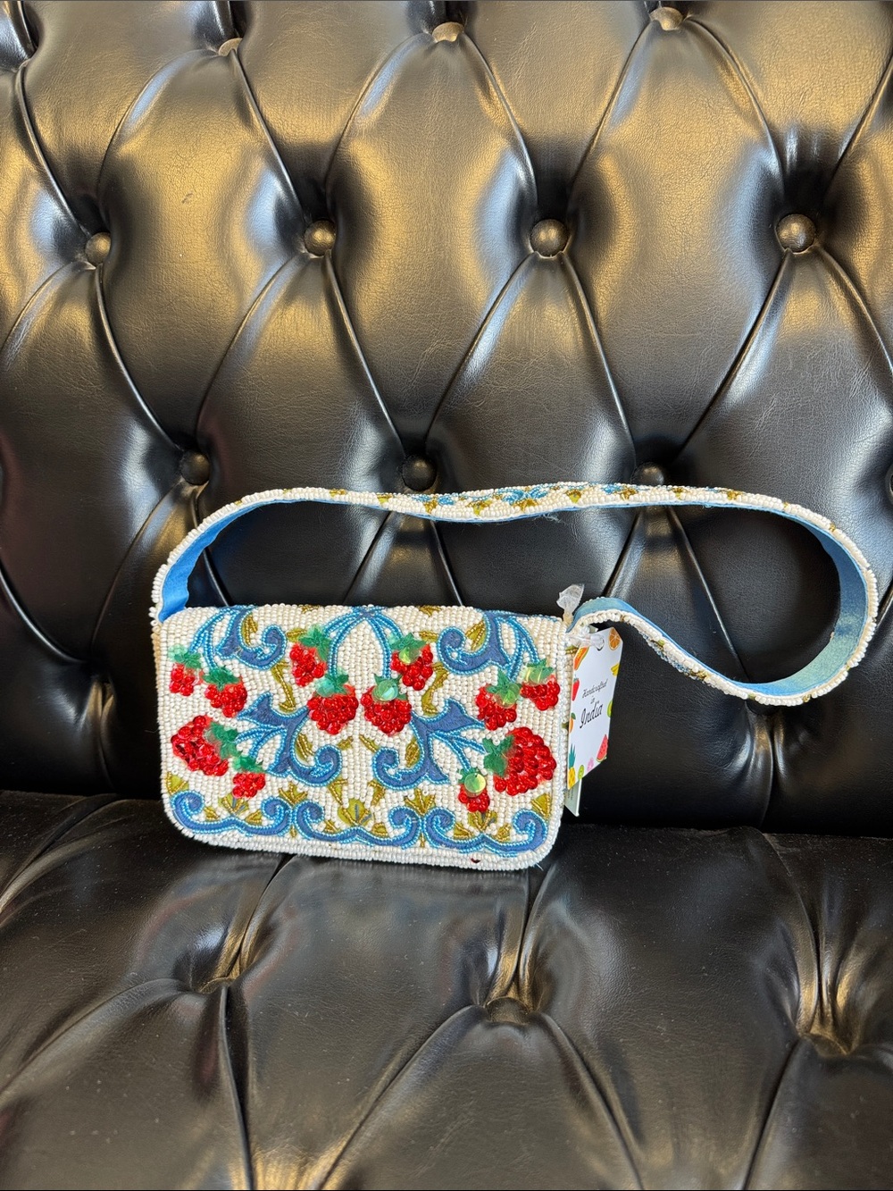 Beaded Floral Shoulder Bag in White, Red & Blue